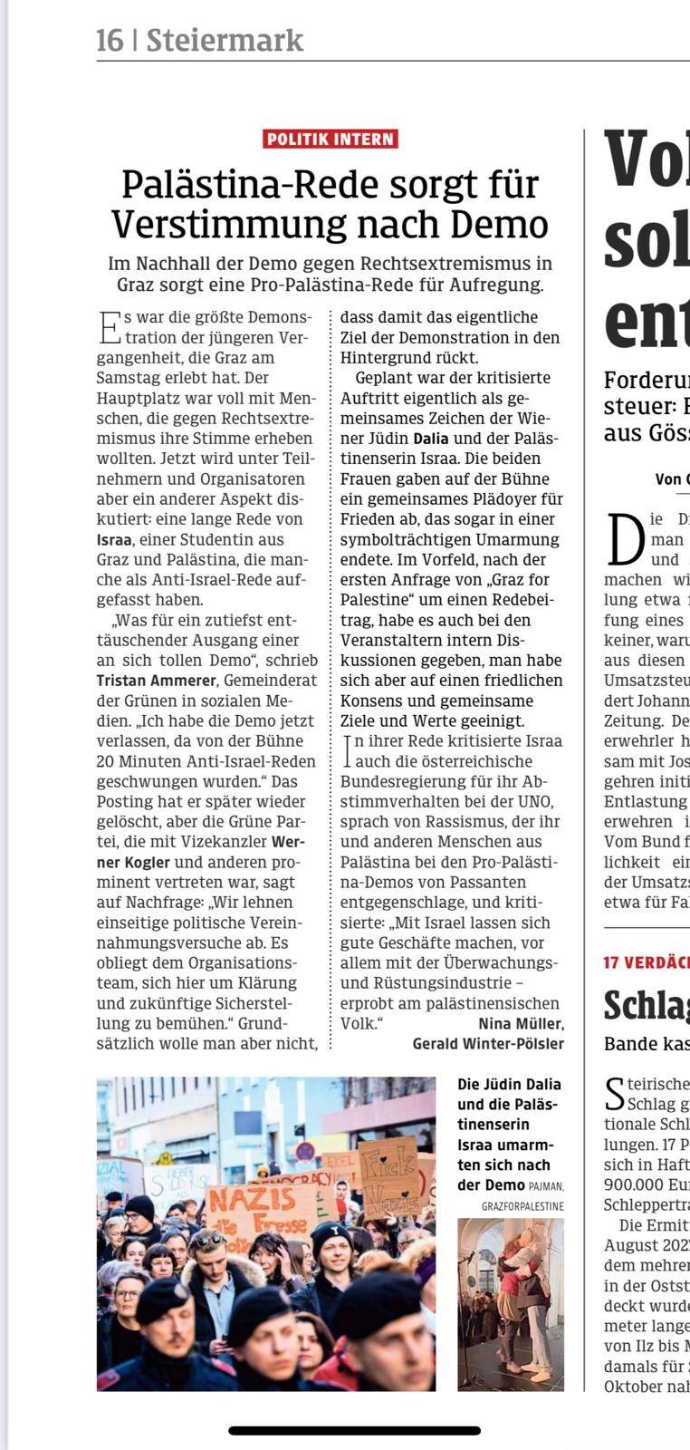 Kleine Zeitung berichtet über die rede von Dalia Sarig-Fellner in Graz 3.2.24